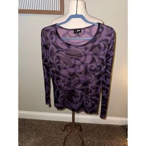 Lynn Ritchie Sheer Mesh Swirl Print Long Sleeve Top Women's Medium Purple Black